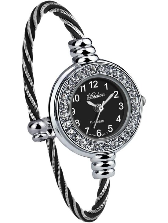 Women Silver And Black Analog Cable Cuff Arabic Number Rhinestone Bracelet Watch